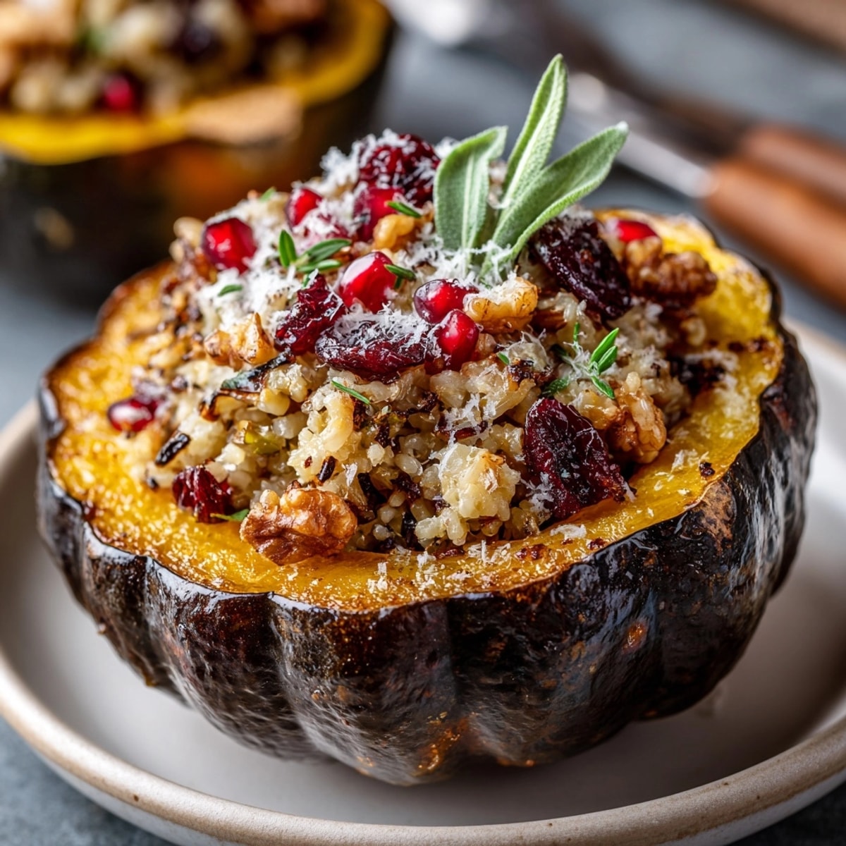 Maple-Glazed Acorn Squash with Cranberry Wild Rice Stuffing served golden and steaming on a holiday table.