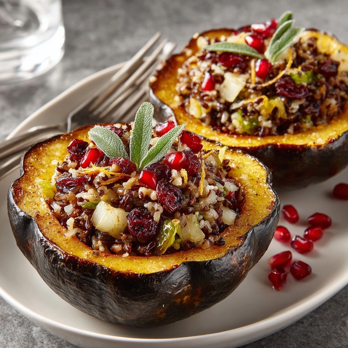 Close-up of Maple-Glazed Acorn Squash with Cranberry Wild Rice Stuffing garnished with fresh sage and pomegranate.