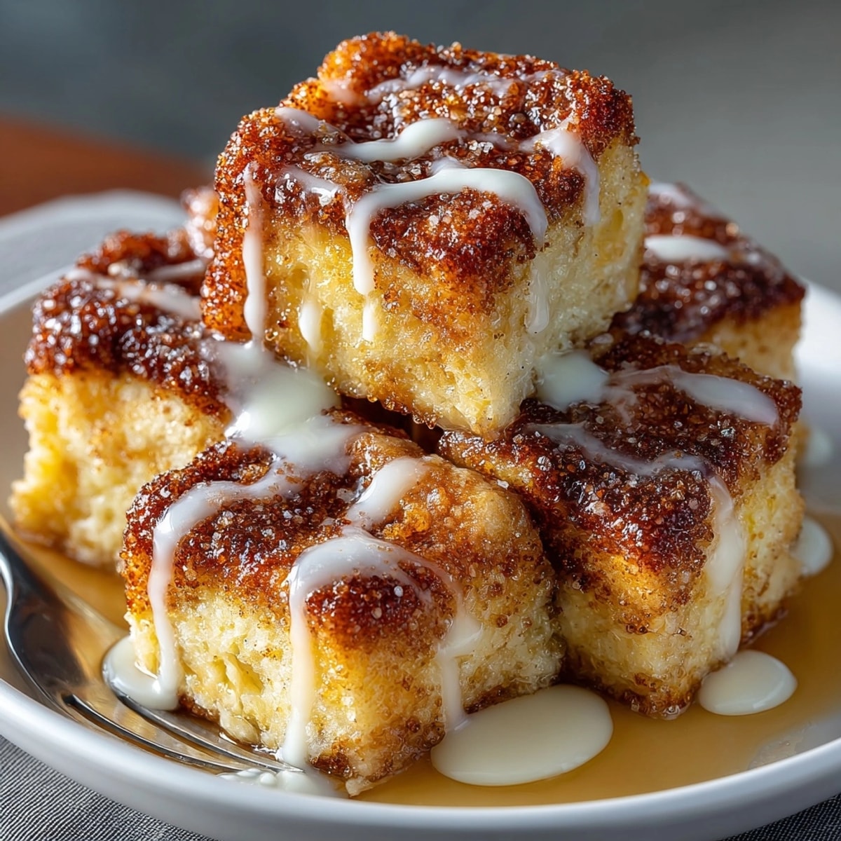 Warm cinnamon sugar French toast bread pudding with golden brioche cubes and vanilla glaze drizzle.