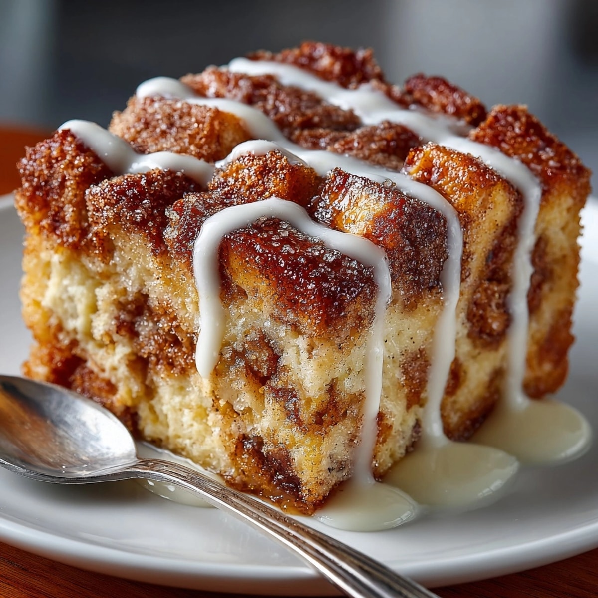 Freshly baked cinnamon sugar French toast bread pudding served in a cozy kitchen setting.