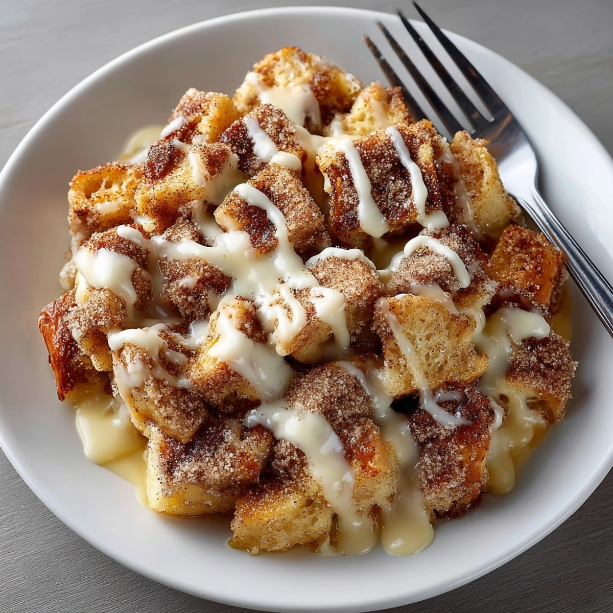 Close-up of cinnamon sugar French toast bread pudding topped with creamy vanilla glaze and crisp edges.