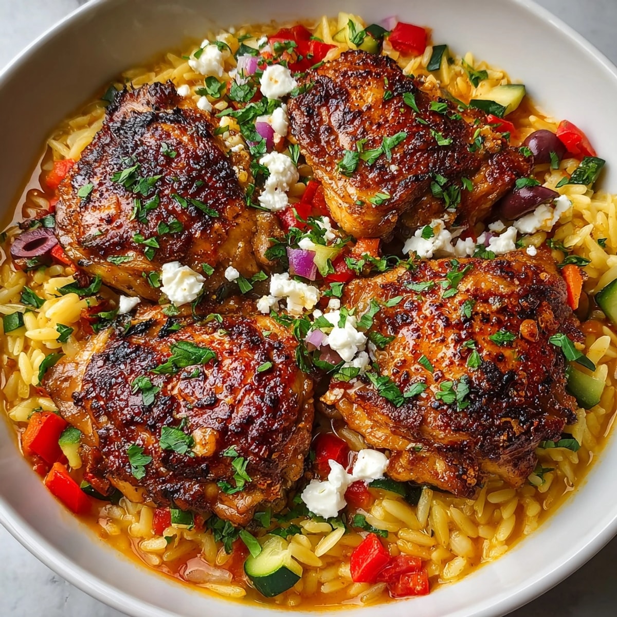 Mediterranean Chicken and Orzo Skillet featuring golden chicken, vibrant veggies, feta, and olives in a skillet.