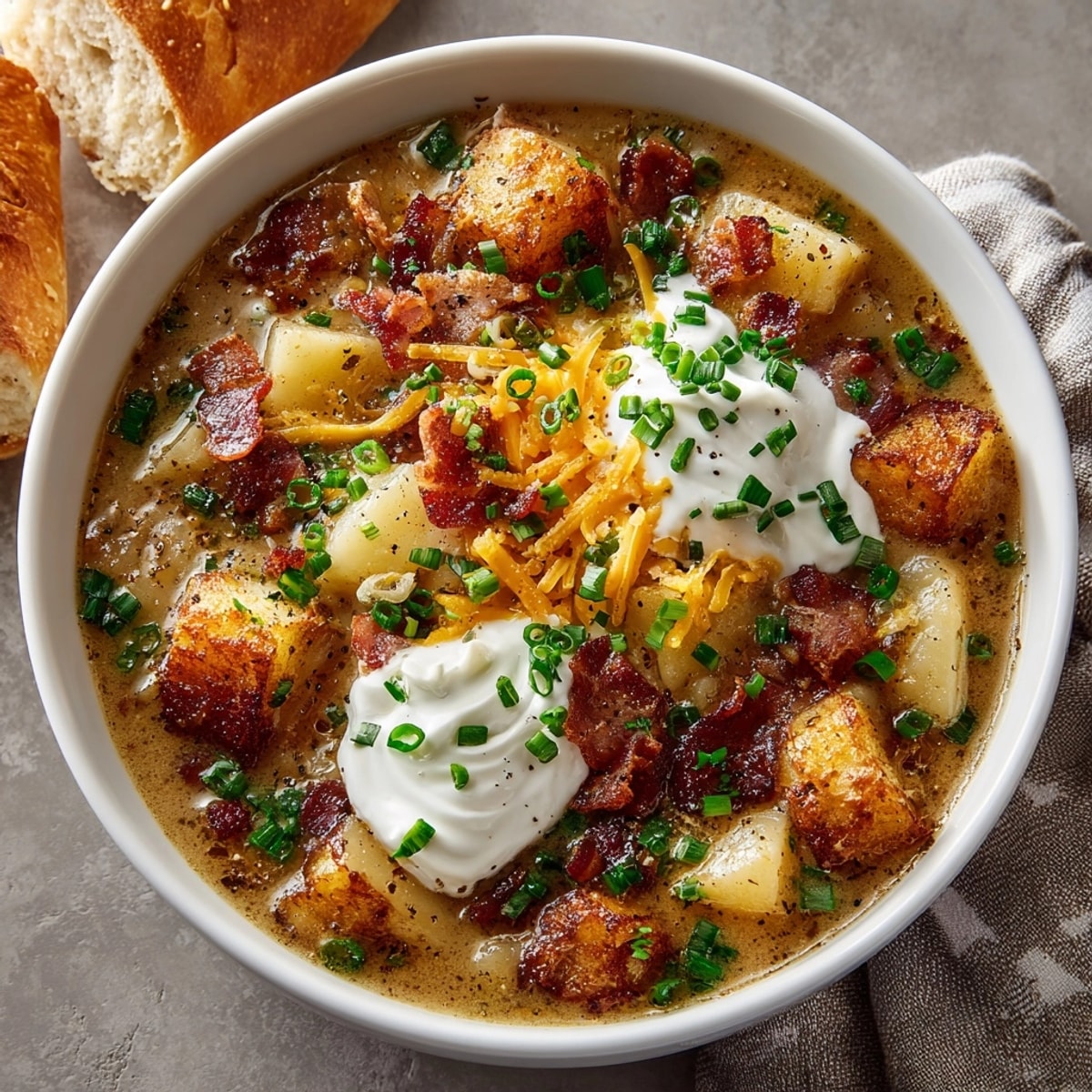 Creamy Loaded Baked Potato Soup styled with green onions and warm bread, perfect for cozy comfort food nights.