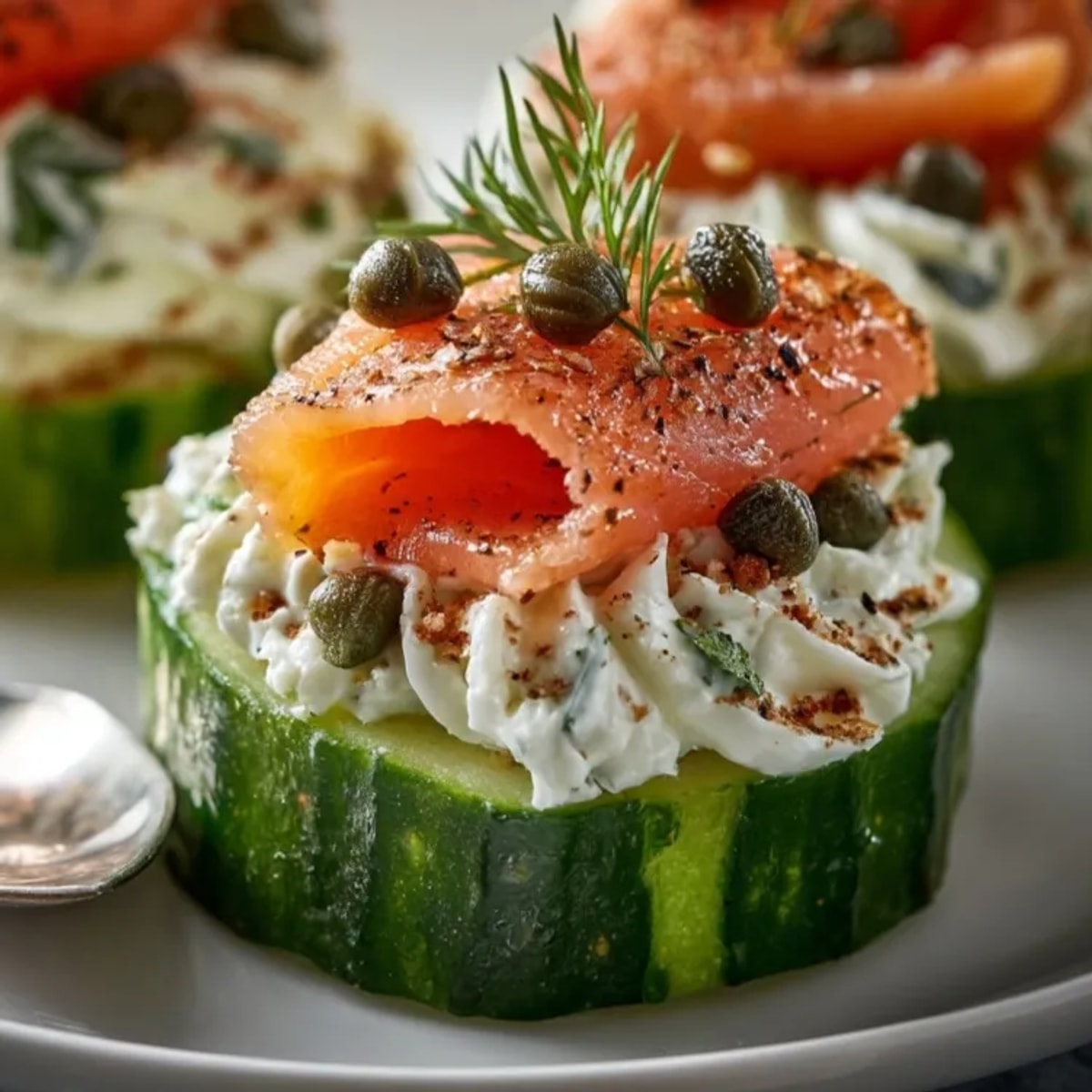 Cucumber Salmon Canapés with Dill Cream arranged on a platter, garnished with fresh dill and capers.