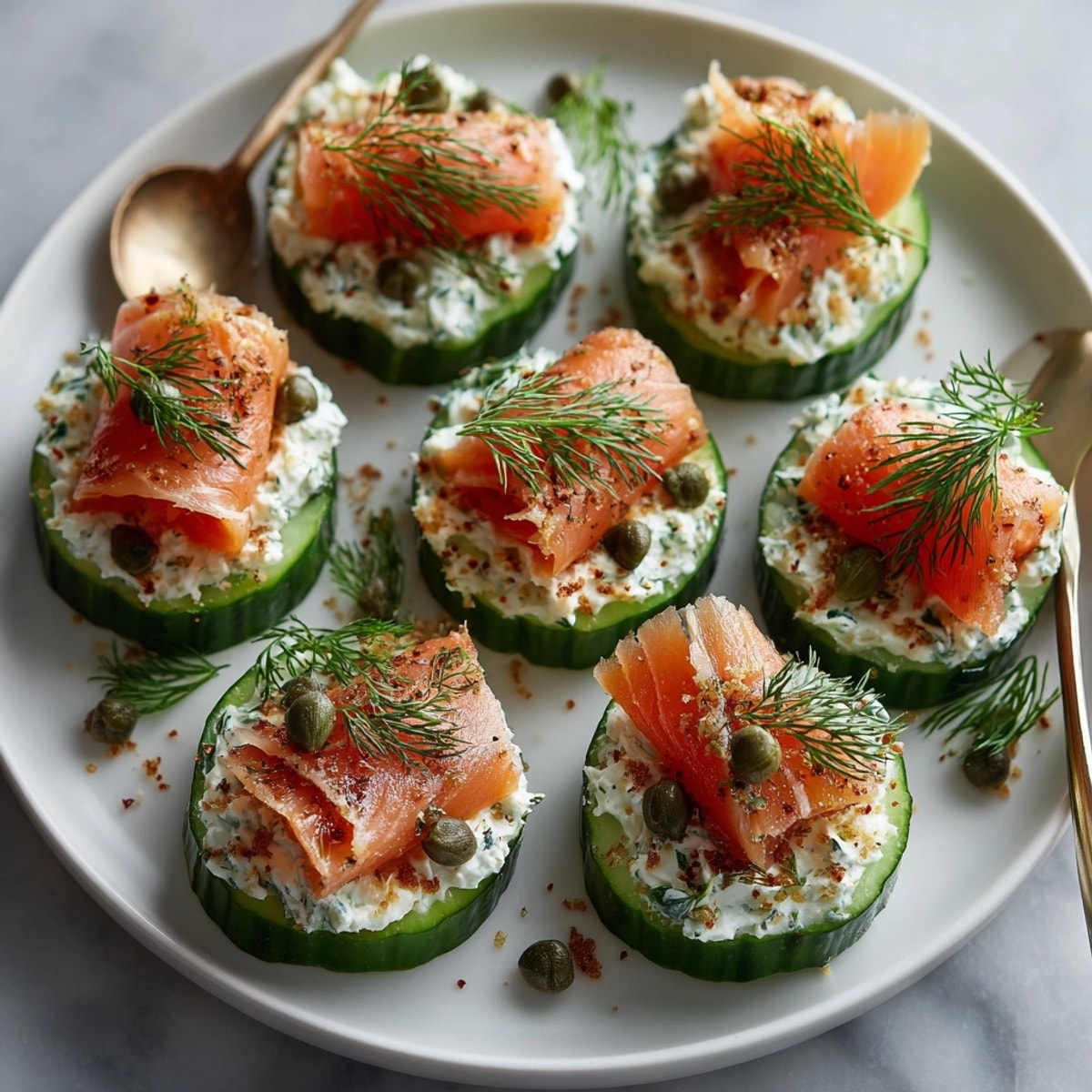 Vibrant smoked salmon and dill cream atop crisp cucumber slices for refreshing party canap&eacute;s.