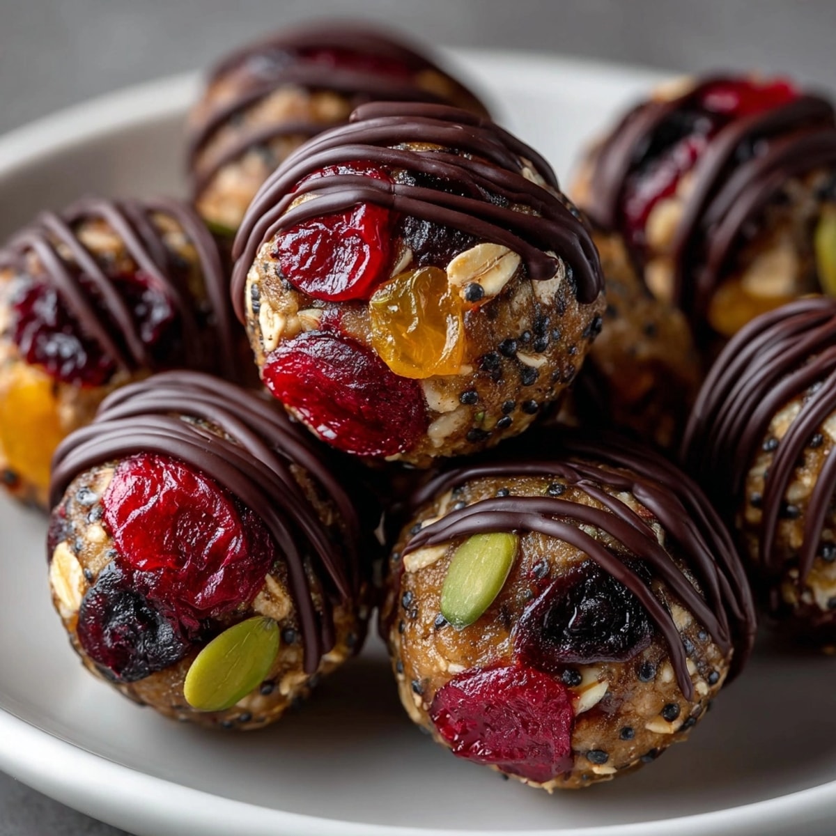 Cherry-Coded Dark Chocolate Cranberry Energy Bites are picture-perfect, showcasing chocolate drizzle on a nutritious snack.