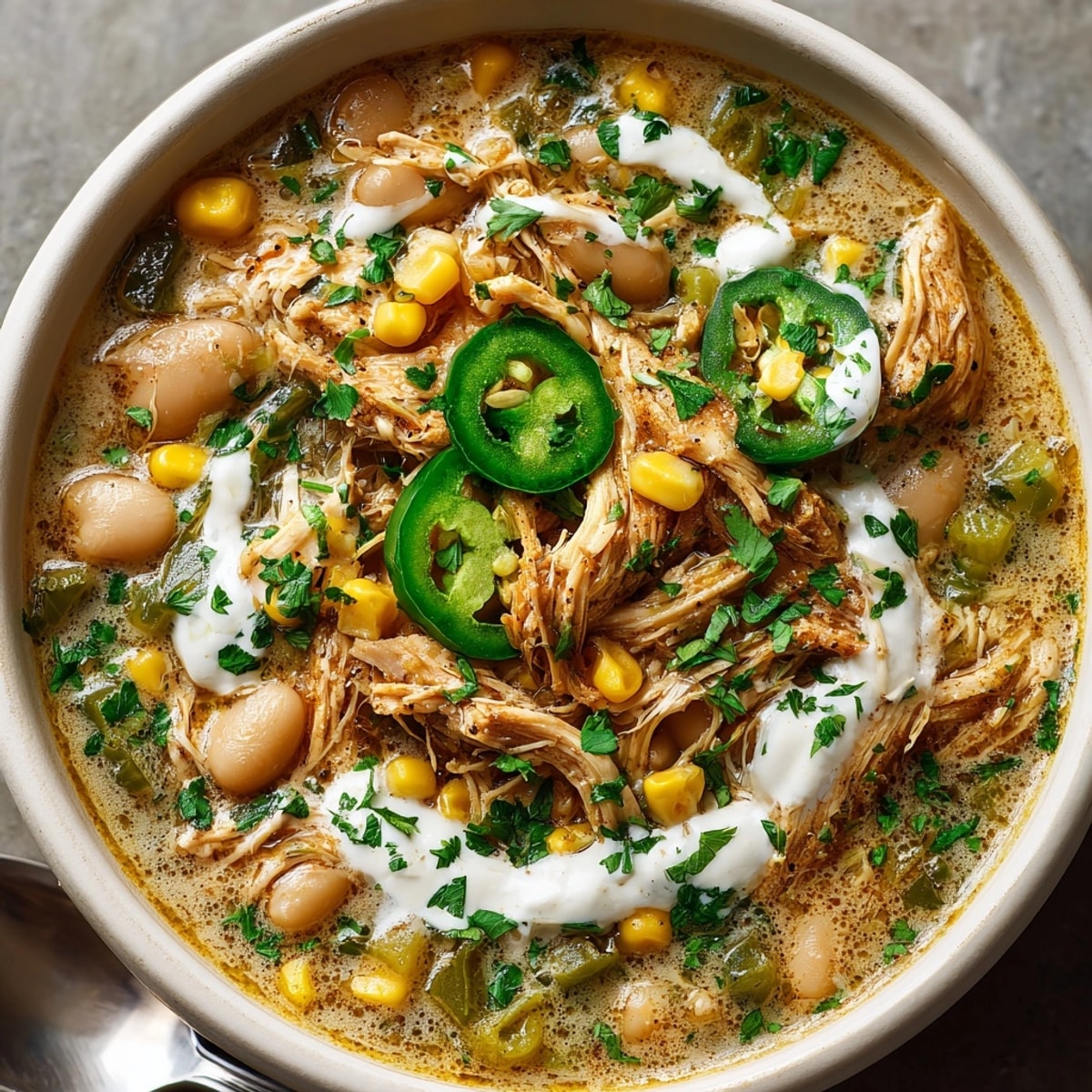 A steaming bowl of One-Pot Pickle-Fix White Chicken Chili, garnished with fresh cilantro, looks delicious.
