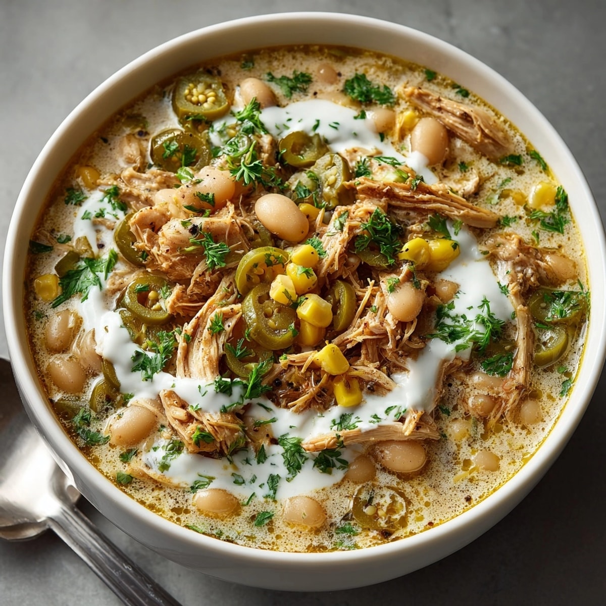 This photo shows a creamy swirl of ranch in a flavorful One-Pot Pickle-Fix White Chicken Chili.