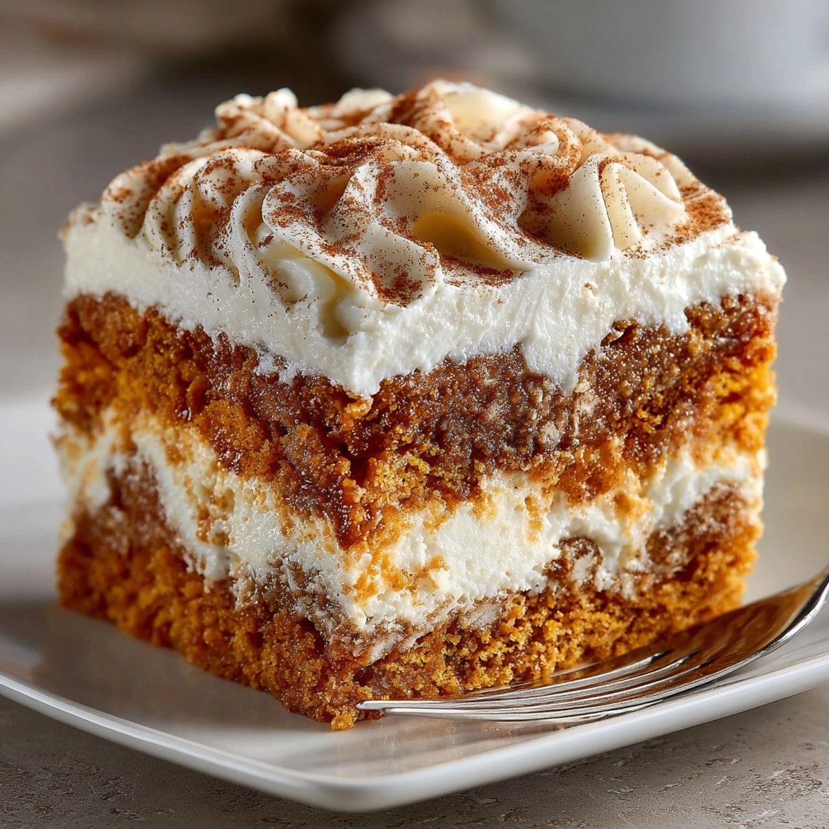 A slice of Chaos Cake, rich pumpkin spice flavors enhanced by a cinnamon swirl topping.