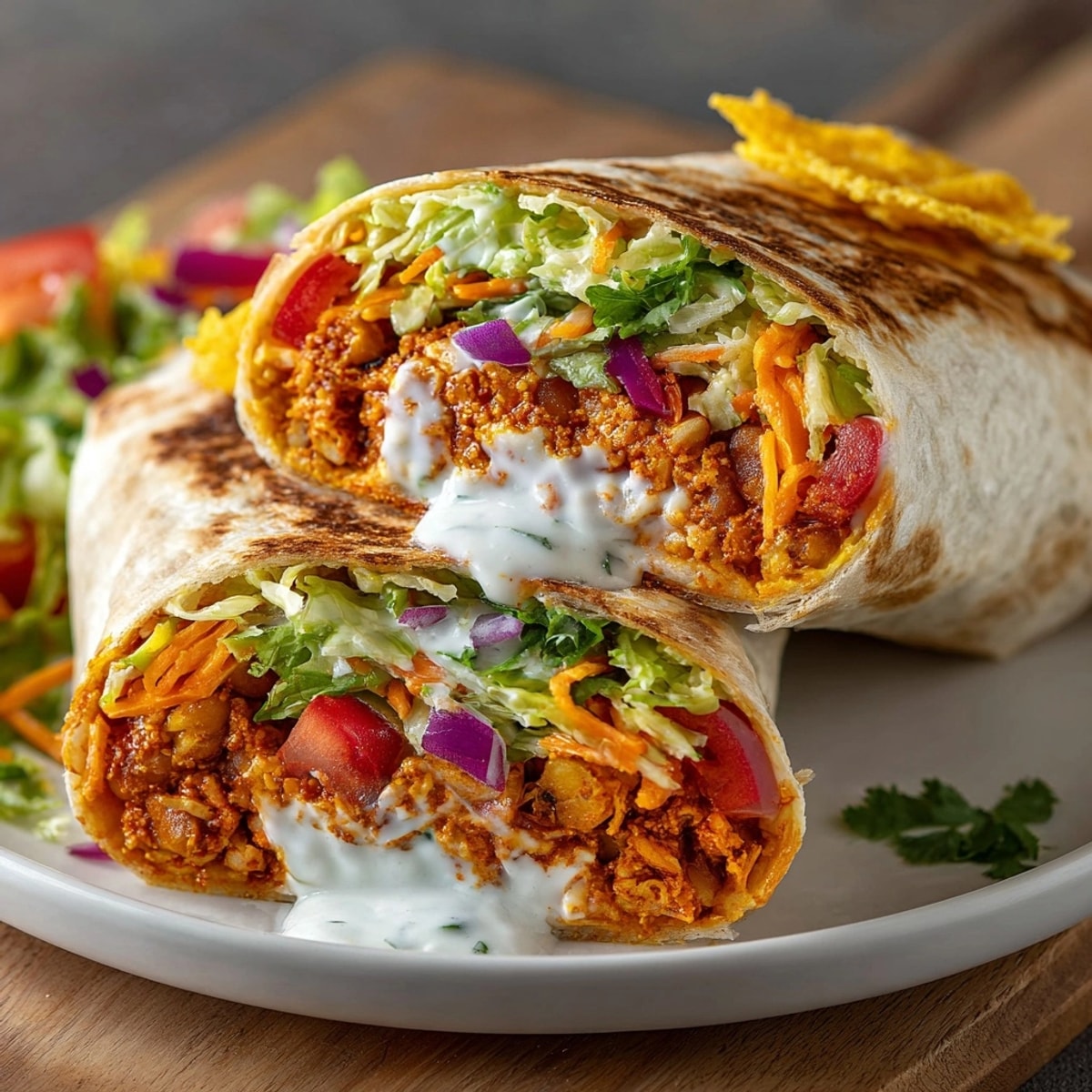 Flavorful 15-Minute Buffalo Chickpea Crunch Wraps, filled with creamy sauce and crunchy tostadas for a quick meal.