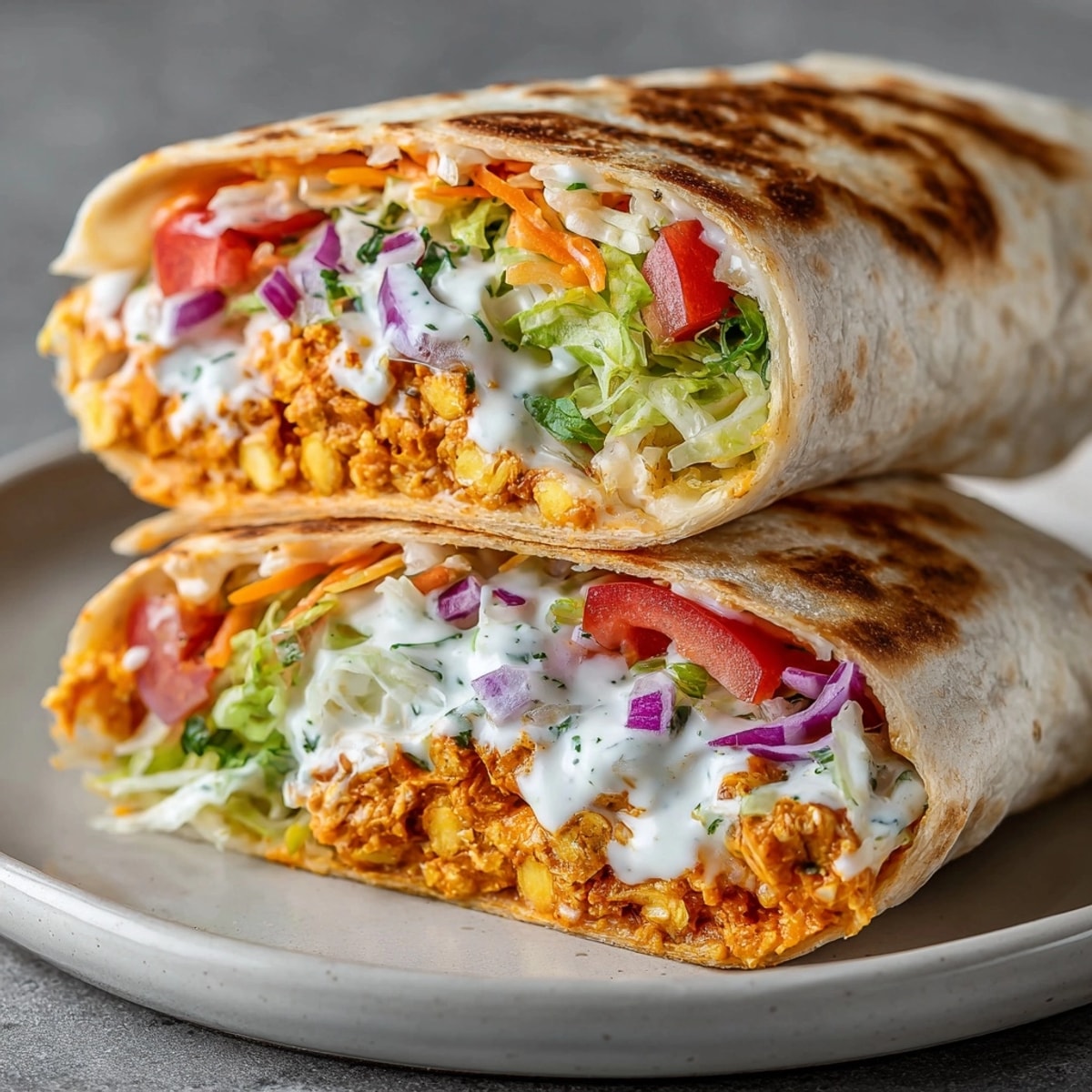 See the vibrant, layered 15-Minute Buffalo Chickpea Crunch Wraps, ready to be folded and served for a tasty lunch.