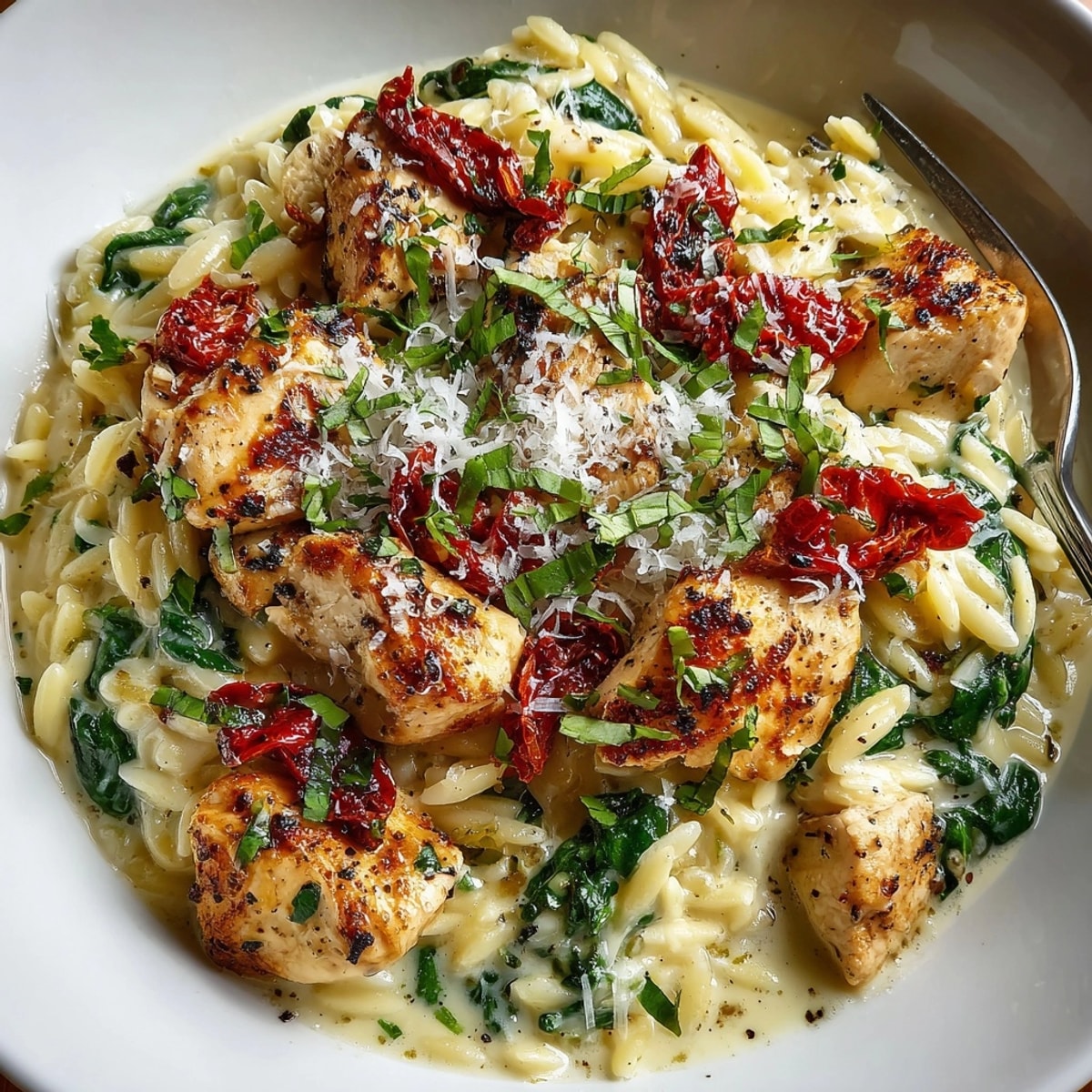 One-Pot Creamy Tuscan Chicken Orzo: Golden chicken and vibrant spinach in a delicious, creamy sauce.