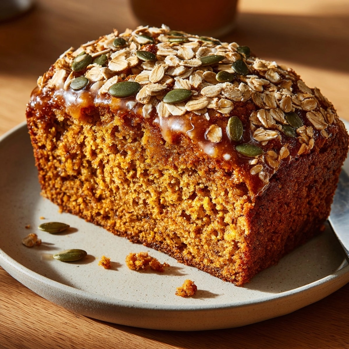 Warm golden slices of No-Knead Maple Pumpkin Bread, ready to enjoy with butter.