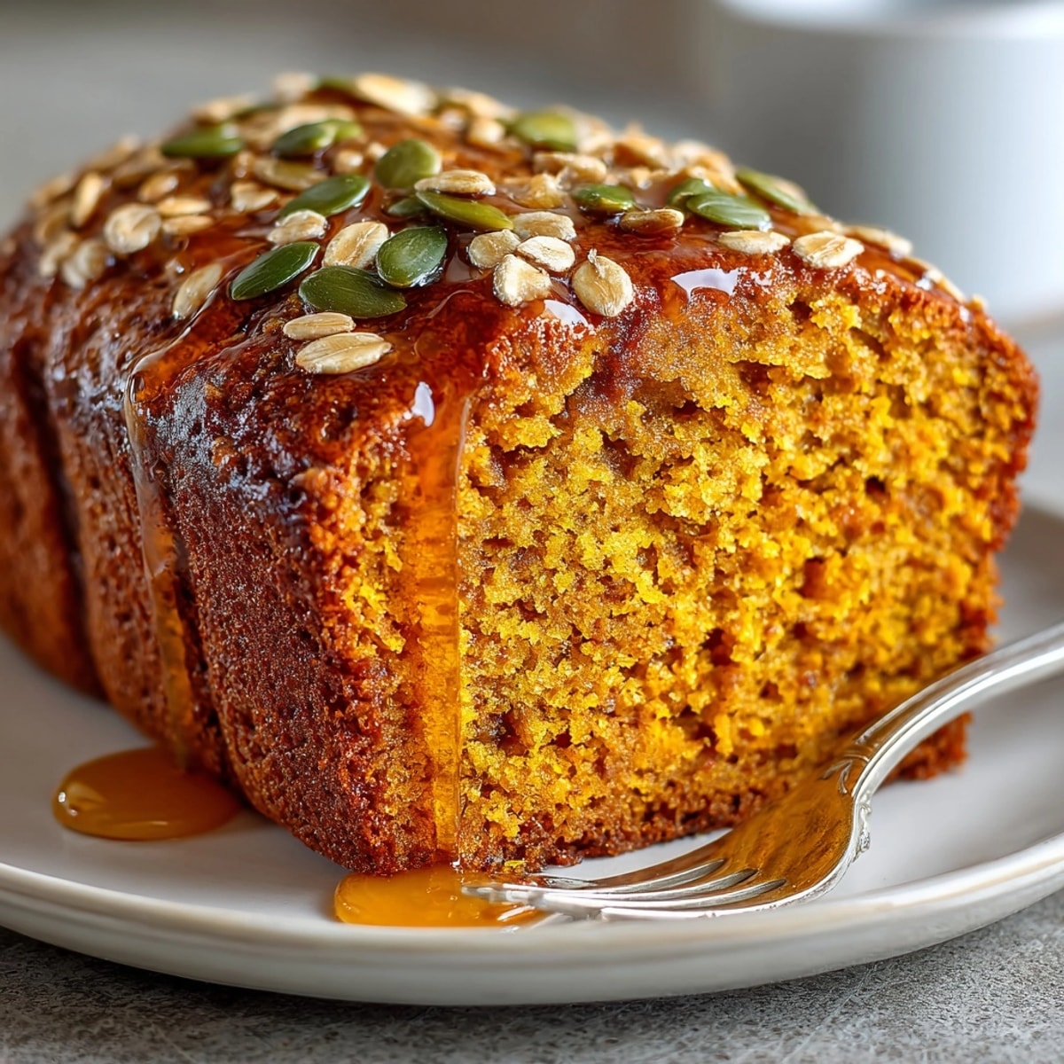 A close-up of freshly baked No-Knead Maple Pumpkin Bread, showing soft interior crumbs.