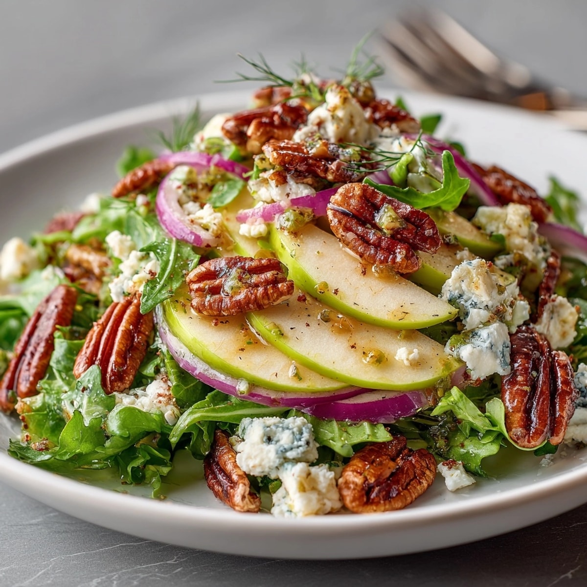 Enjoy a vibrant Fresh Apple Pecan Salad, combining sweet and savory flavors effortlessly in a bowl.