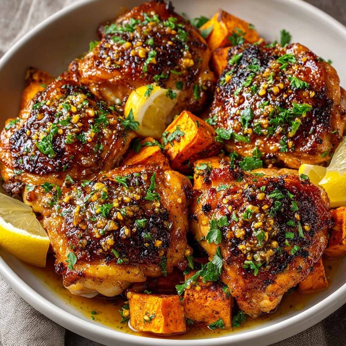 Golden-brown One-Pot Honey Garlic Chicken with tender sweet potatoes, a complete and delicious American meal.