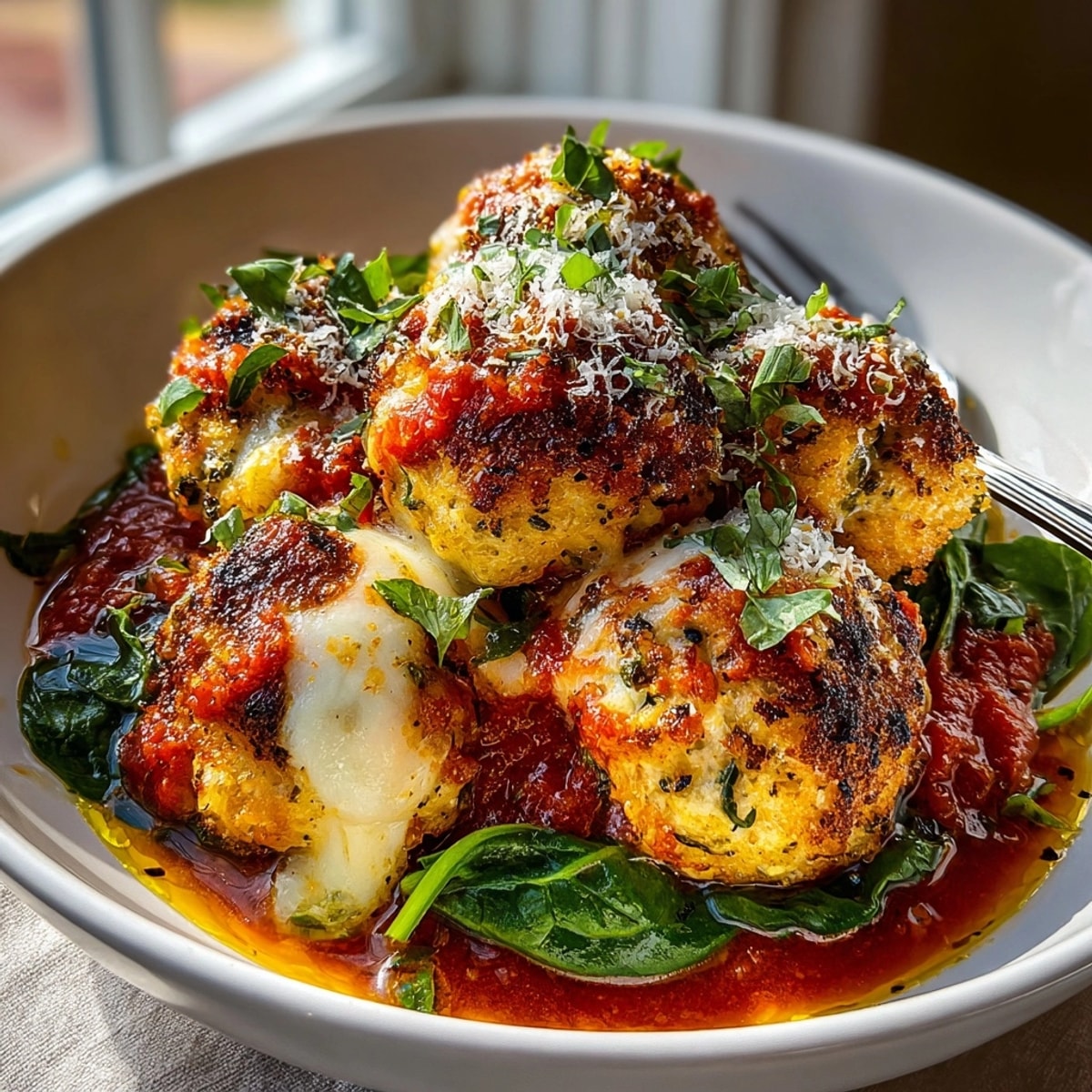 Steaming 30-Minute Turkey Meatball Sub Bowls overflowing with marinara sauce, mozzarella and crispy garlic bread.