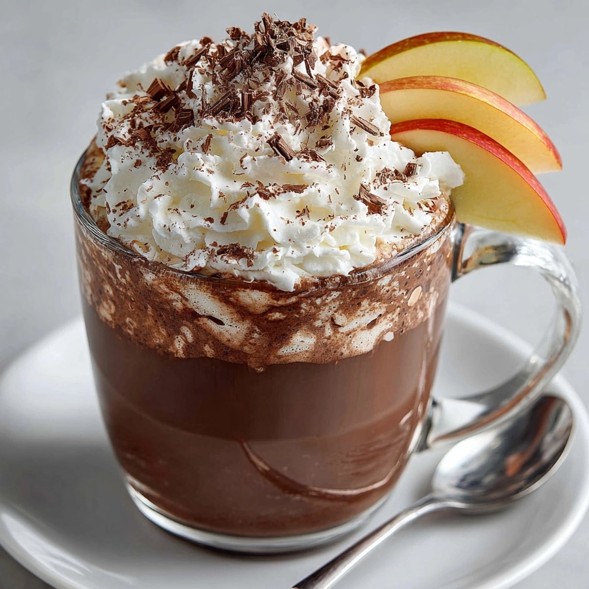 Steaming mug of Rebel Float Apple Cider Hot Chocolate, finished with whipped cream and cinnamon dust.