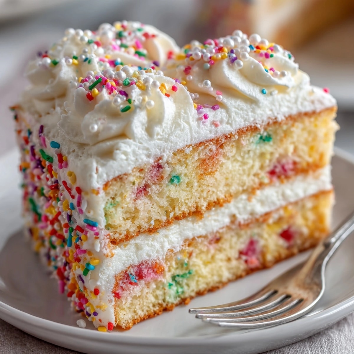 Fluffy vanilla confetti sheet cake with edible pearls, ready to celebrate, drizzled with rich buttercream.