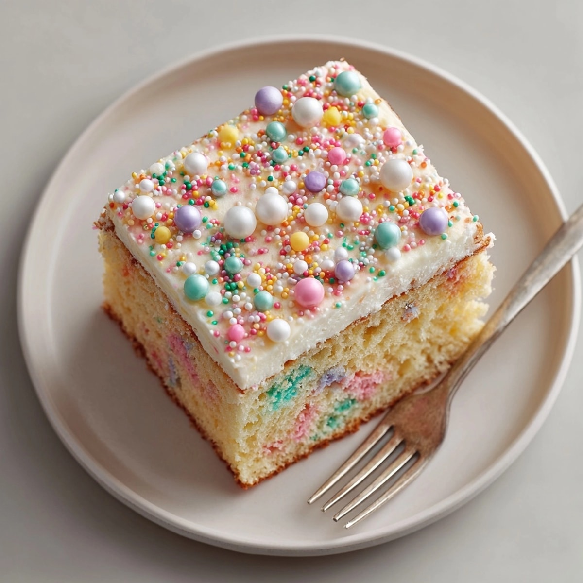Close-up of a perfect slice of vanilla confetti sheet cake with edible pearls; moist, inviting, and delicious.