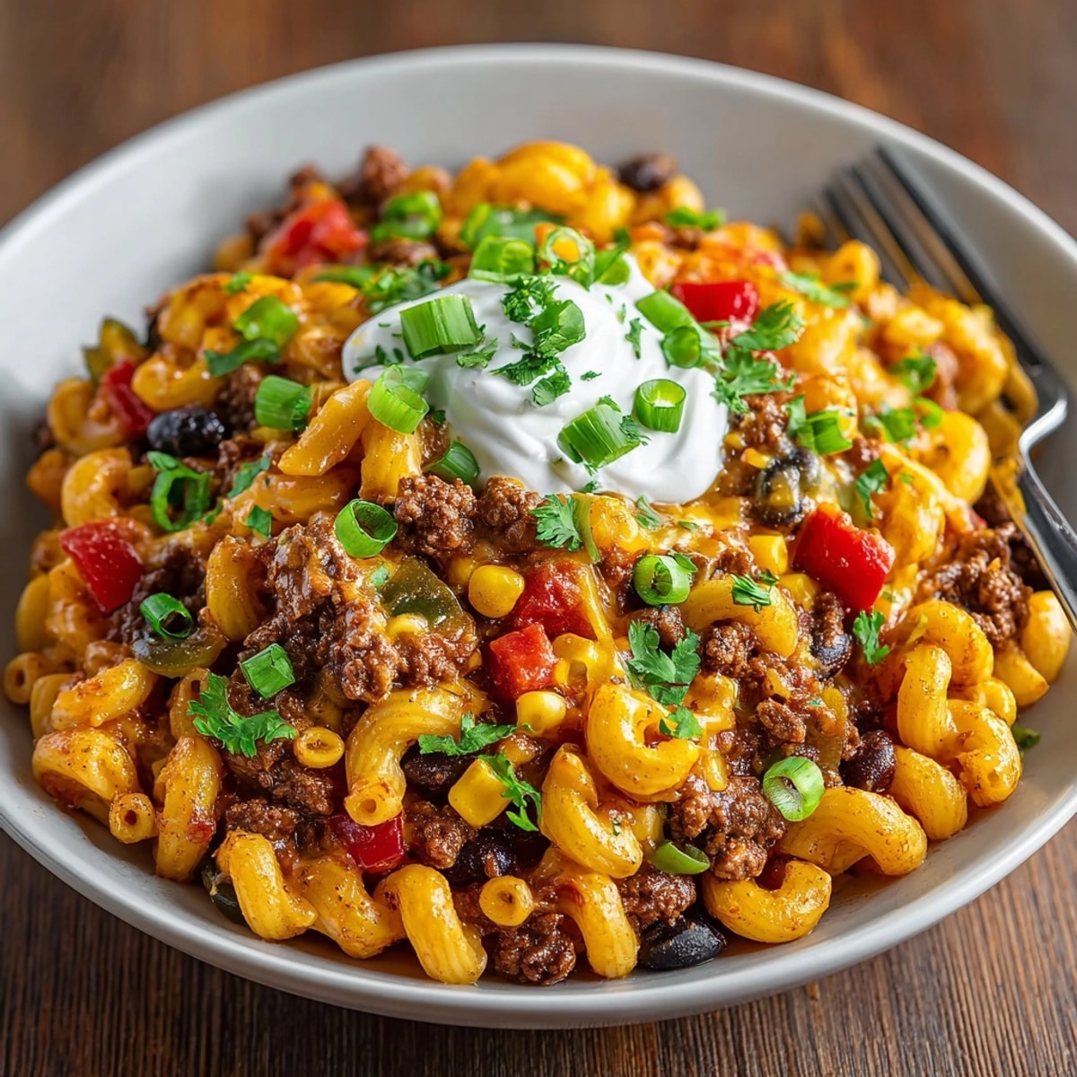 A bubbling, close-up of the savory One-Pot Taco Chili Mac, topped with melted cheddar.