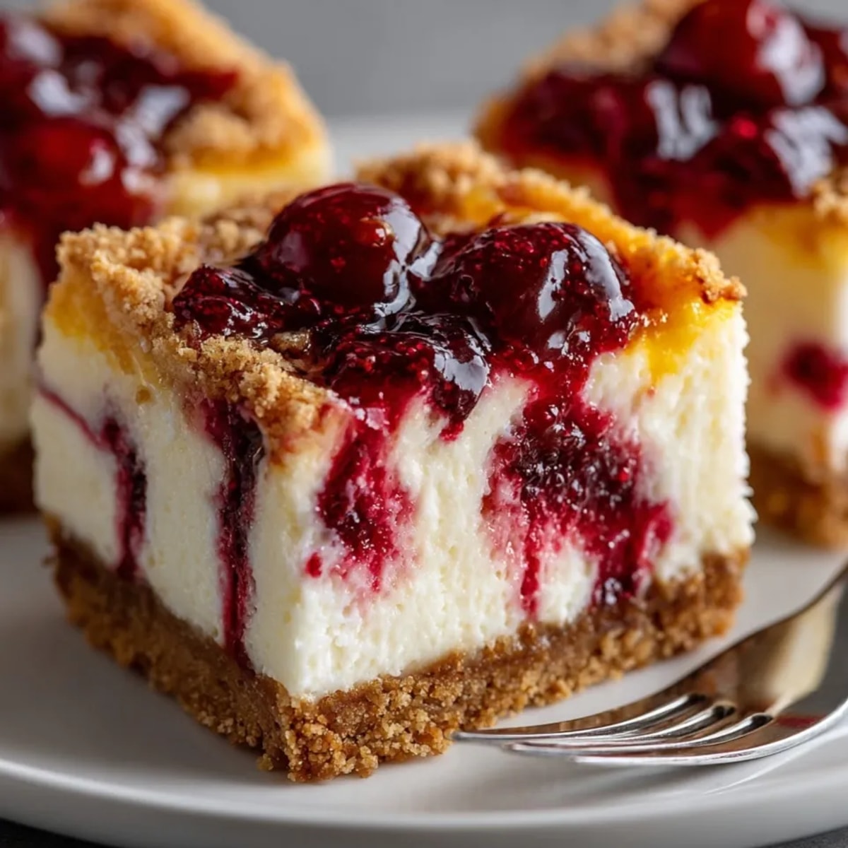 Golden, chilled Seasonal Cranberry Orange Cheesecake Squares, a festive dessert ready to slice.