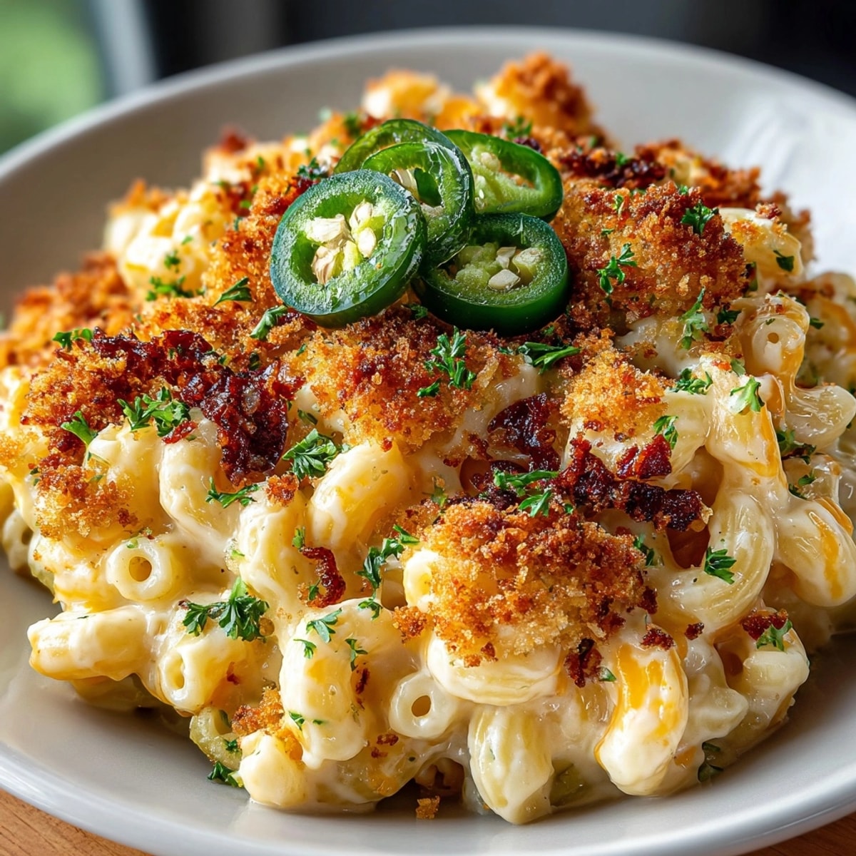 Golden bubbly Simple Pickle-Fix Jalapeño Popper Mac and Cheese Bake, perfect comfort food for any gathering.