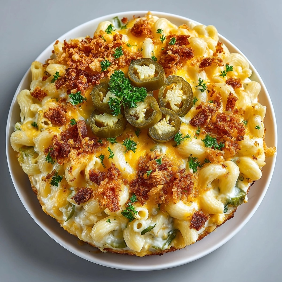 Delicious Simple Pickle-Fix Jalapeño Popper Mac and Cheese Bake with crispy topping, promising a delightful balance of flavors.