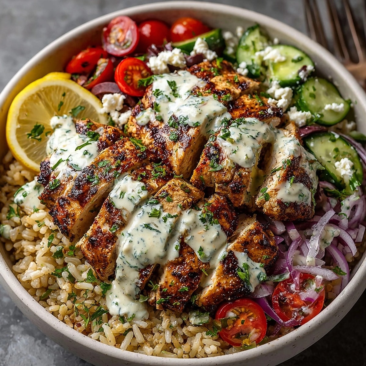Fresh & Easy Greek Chicken Bowls with Lemon Tahini, a colorful meal with tender chicken and creamy tahini.