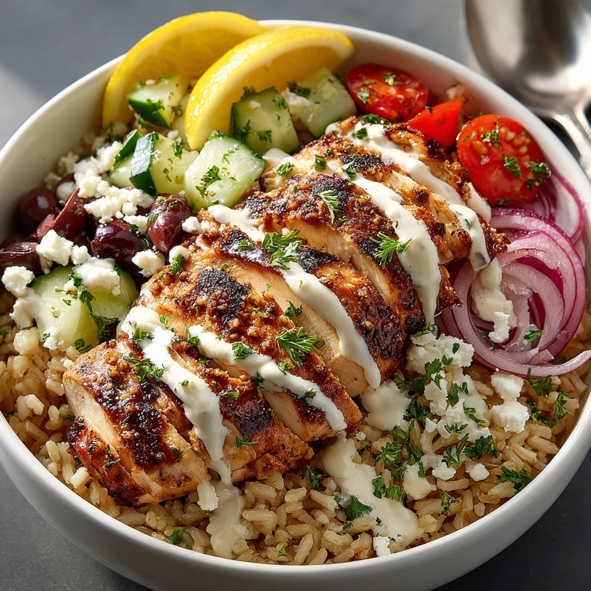 Vibrant Fresh & Easy Greek Chicken Bowls with Lemon Tahini are piled high with fresh vegetables and feta cheese.