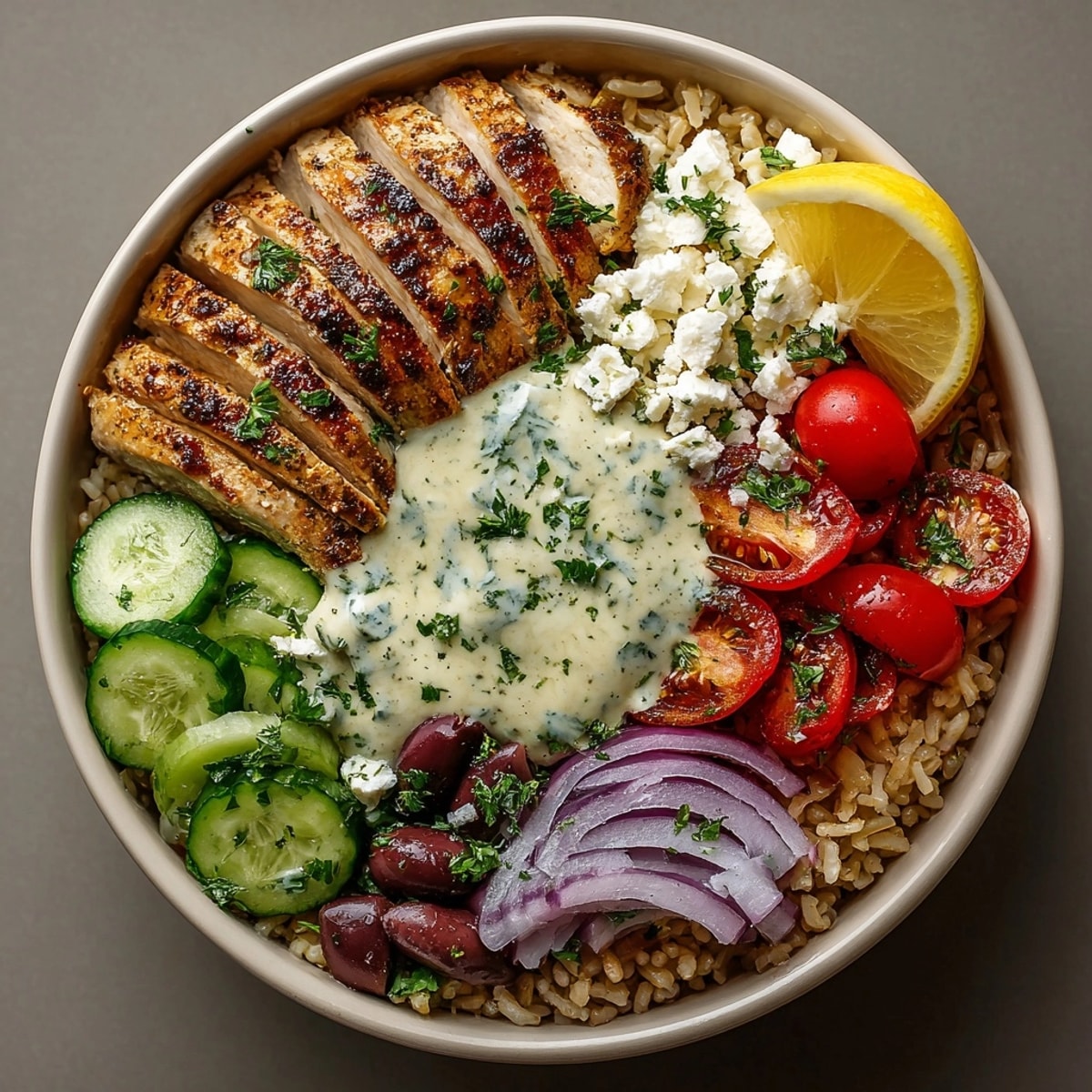 This image shows a delicious serving of Fresh & Easy Greek Chicken Bowls with Lemon Tahini in a flavorful, quick lunch.