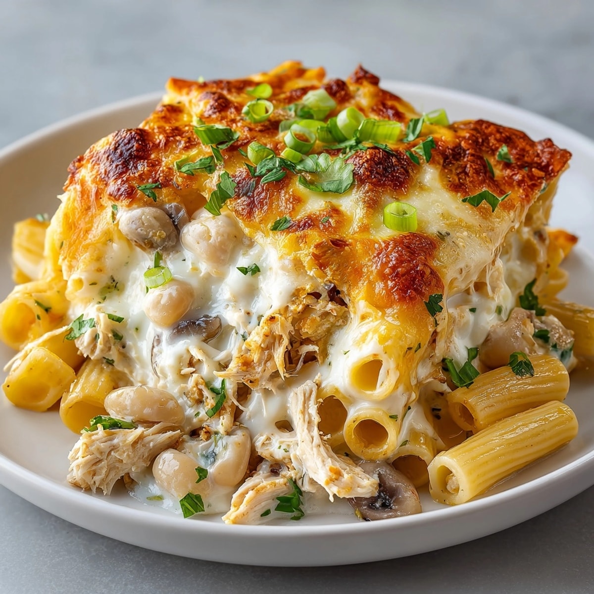 A creamy, cheesy baked ziti with white chicken chili twist, steaming hot from the oven.
