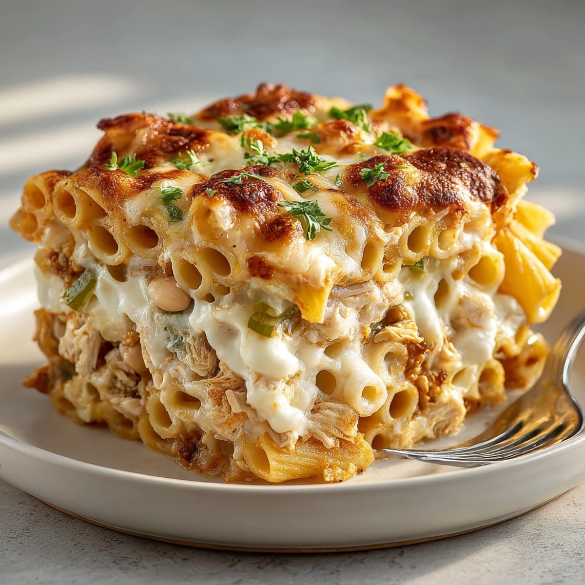 Shredded chicken and beans baked in a white sauce, showcasing Weeknight Baked Ziti.