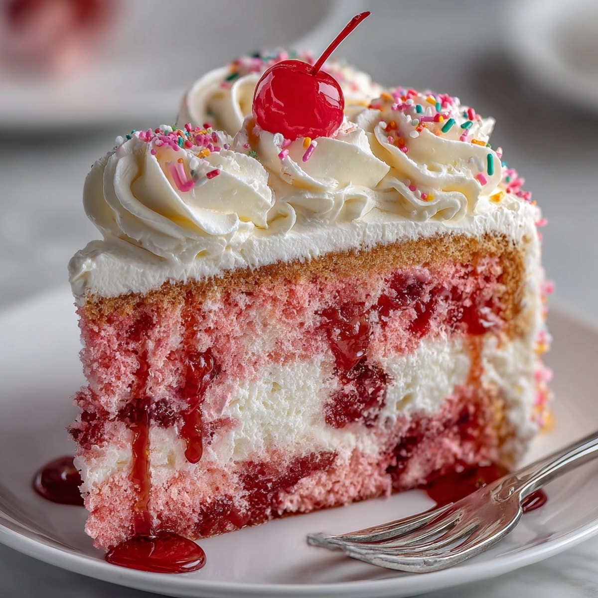 A slice of Rebel Float-Inspired Cherry Soda Cake, frosted and topped with bright red cherries.