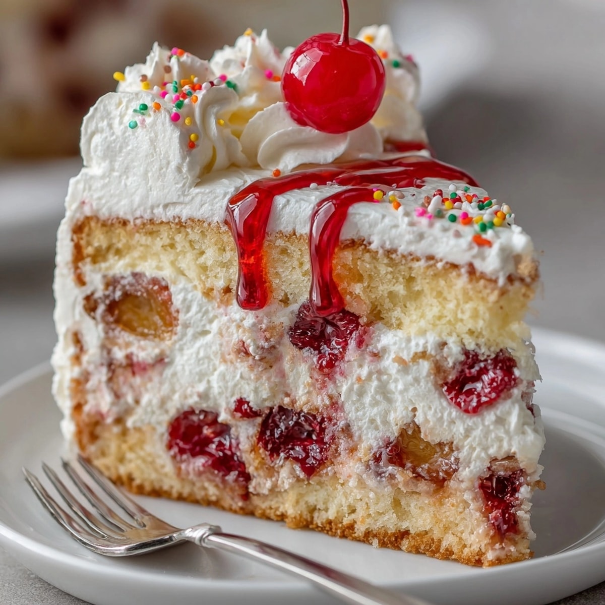 Close-up of a fluffy Rebel Float-Inspired Cherry Soda Cake with creamy vanilla frosting and toppings.