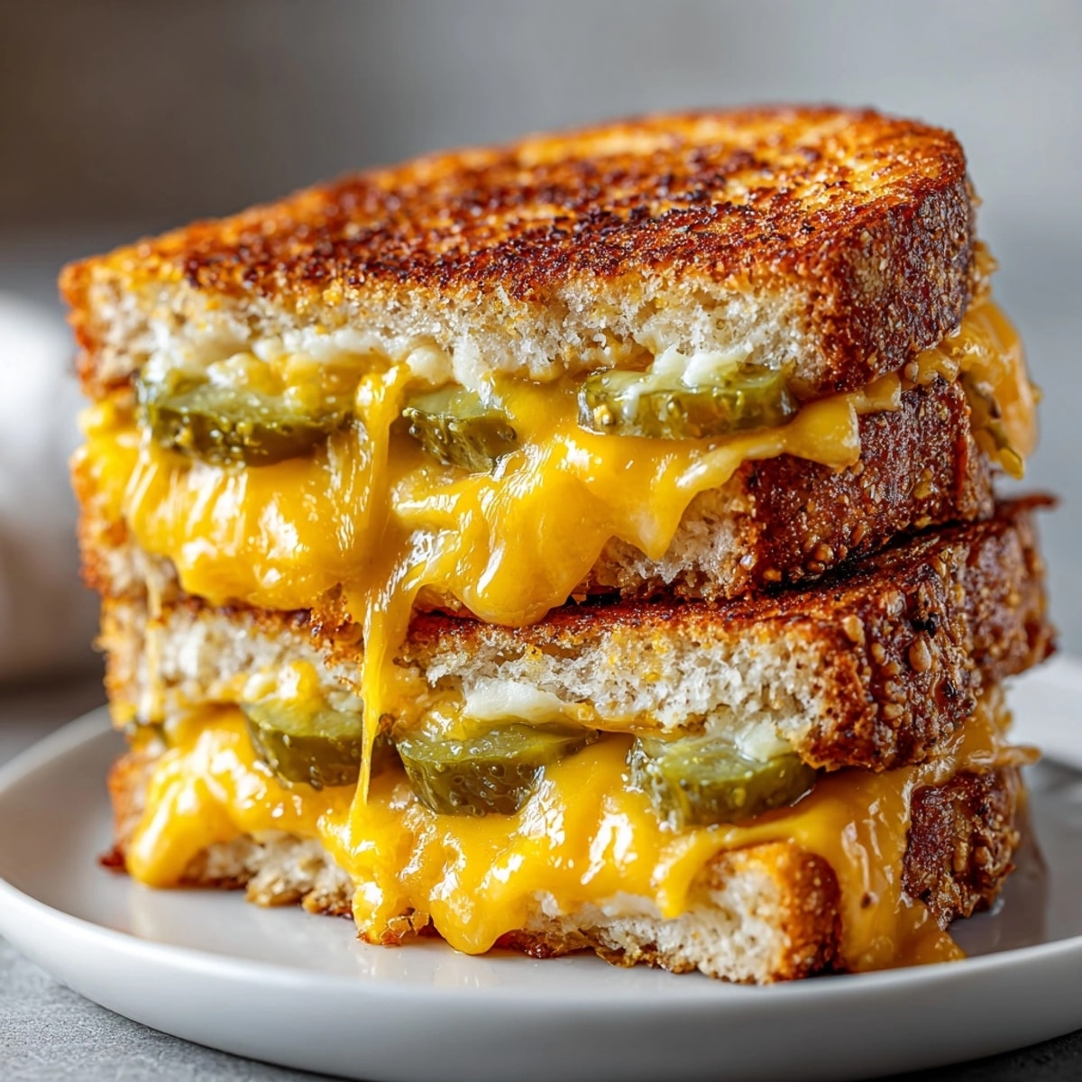 Golden-brown 15-Minute Pickle Juice Grilled Cheese oozes with melted cheddar, a savory dream.