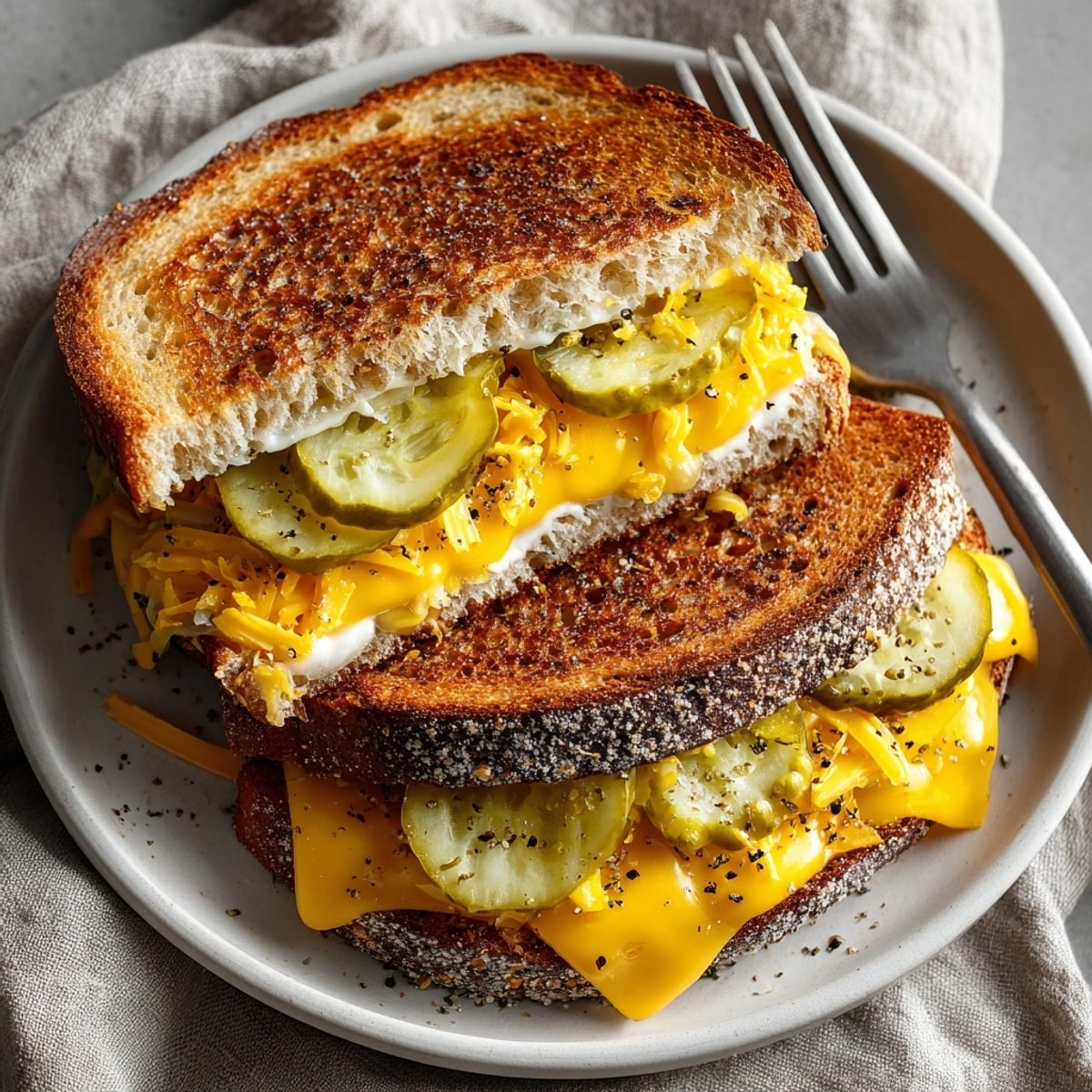 Fresh dill pickles and melty cheddar star in this easy, delicious 15-Minute Pickle Juice Grilled Cheese sandwich.