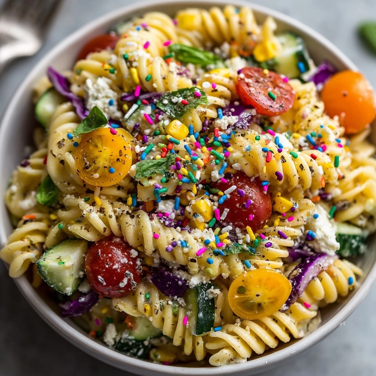 Vibrant rainbow pasta salad: a bowl of Chaos Cake-Inspired pasta salad bursting with color and fresh flavors.
