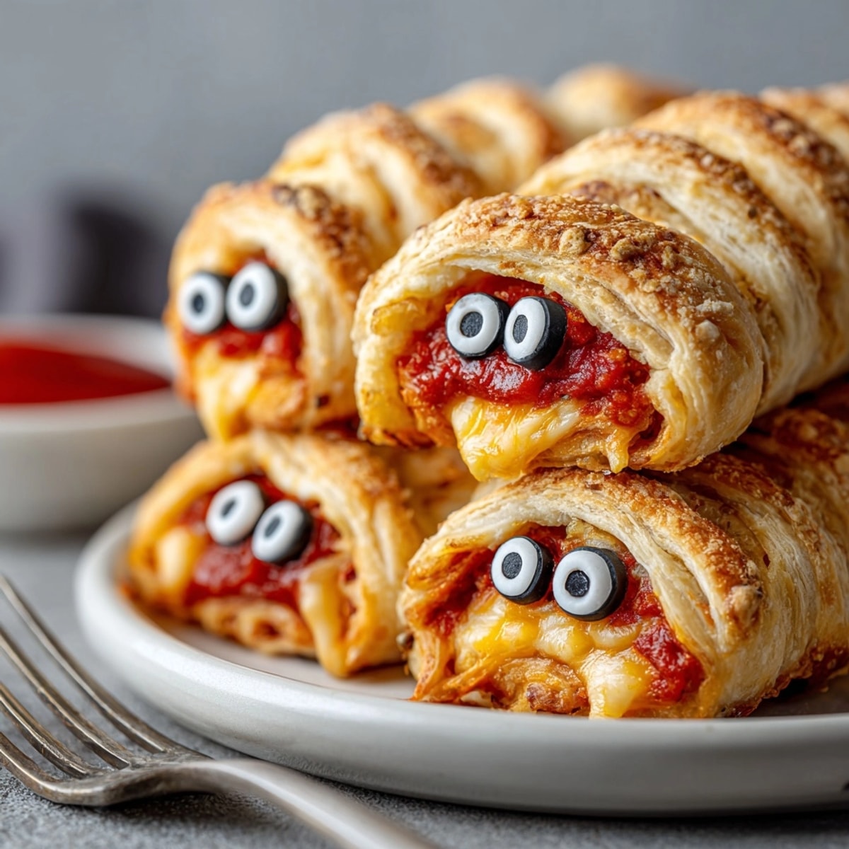 Golden-brown Halloween Monster Mozzarella Stick Wraps, ready to be served with dipping sauce—a fun, spooky snack.