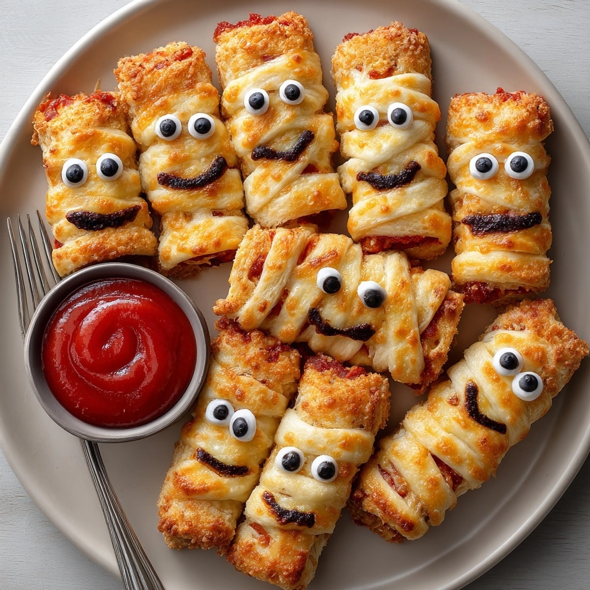 Delicious, gooey Halloween Monster Mozzarella Stick Wraps, a perfect vegetarian snack for your Halloween party spread.