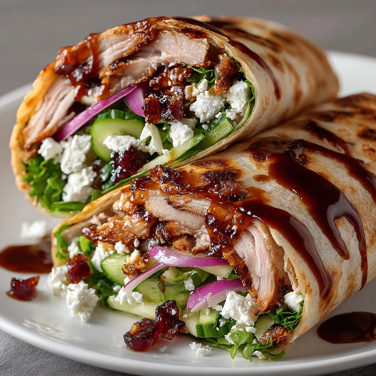Cherry balsamic glazed turkey wraps with vibrant greens, creamy goat cheese, and a sweet glaze.