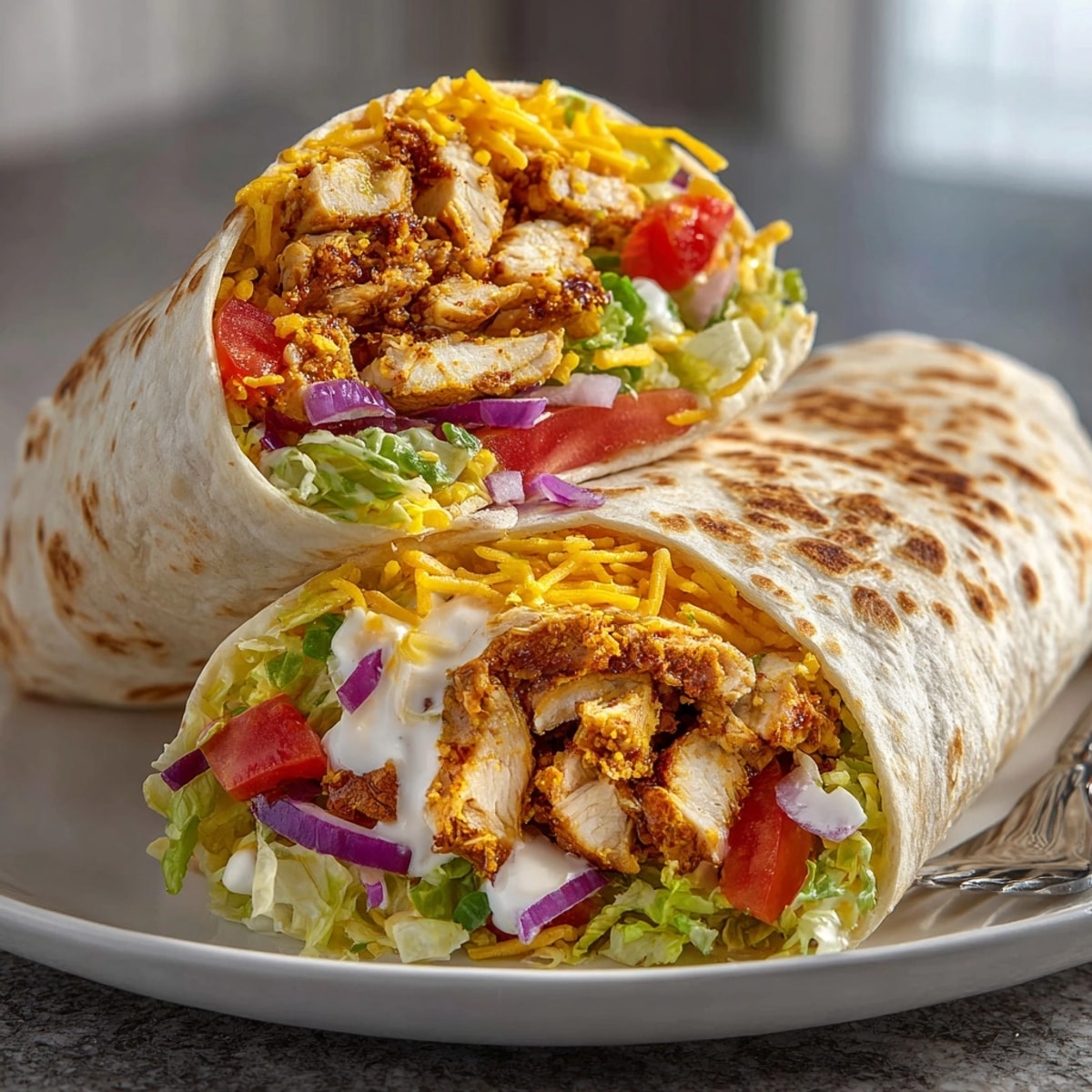 Pickle Juice Marinated Chicken Wraps: Juicy grilled chicken with fresh vegetables in a tortilla, drizzled with savory sauce.