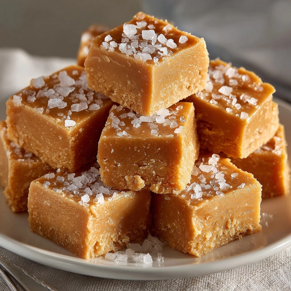 Creamy peanut butter fudge, sprinkled with sea salt, offers a perfect sweet and salty bite.