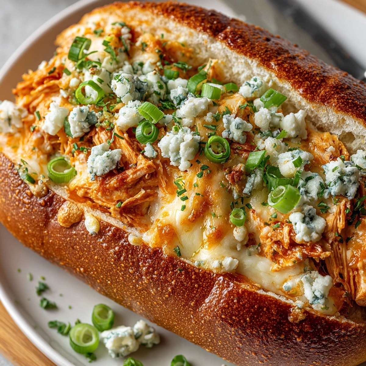 Golden, crusty Buffalo Chicken Dip Stuffed Bread, bubbling with creamy, cheesy deliciousness ready to serve.