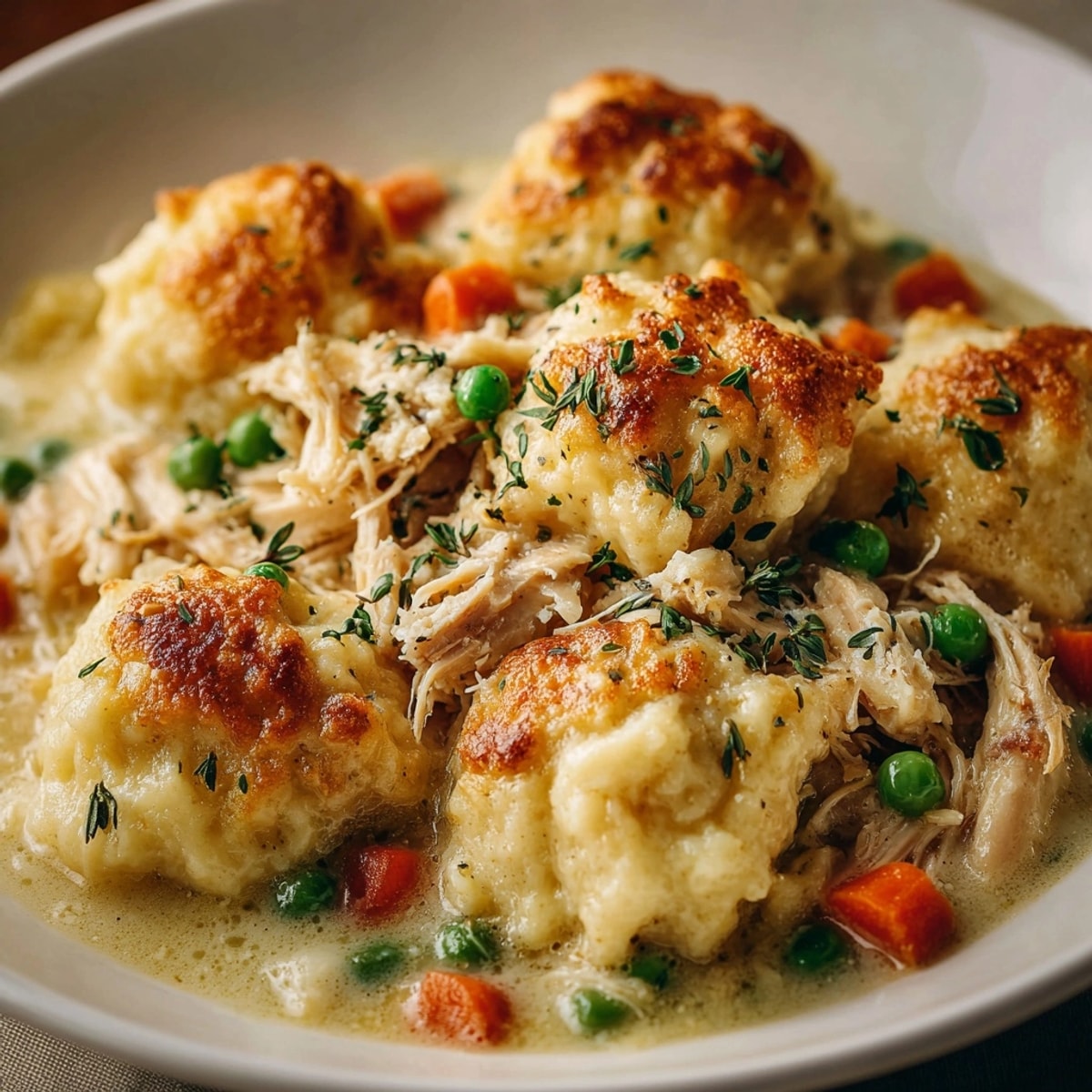 Chicken and Dumpling Casserole, golden and bubbly, with fluffy dumplings atop a creamy chicken filling.