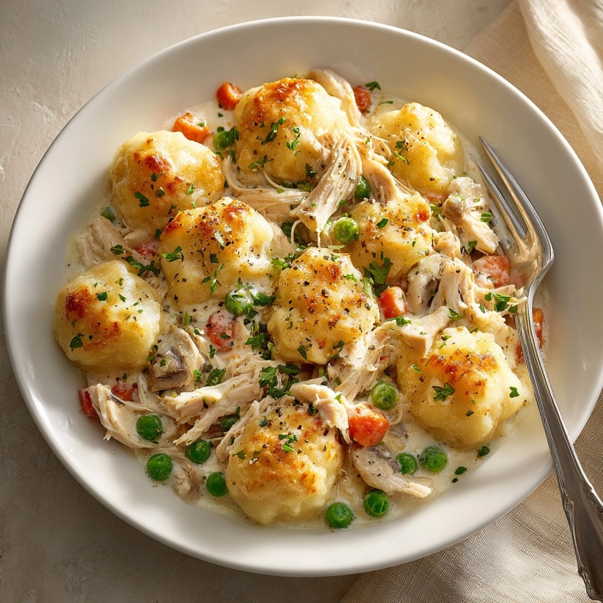 A warm, delicious Chicken and Dumpling Casserole, perfect for a cozy family meal, served in a dish.