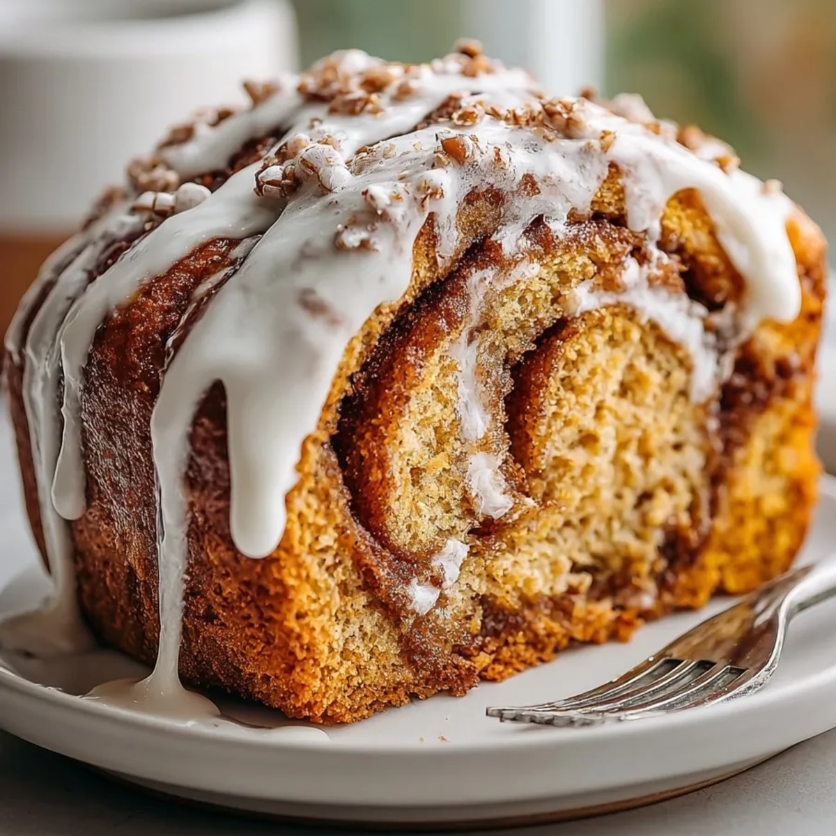 Warm, glazed Pumpkin Spice Cinnamon Roll Bread, a delicious dessert ready for serving this fall season.