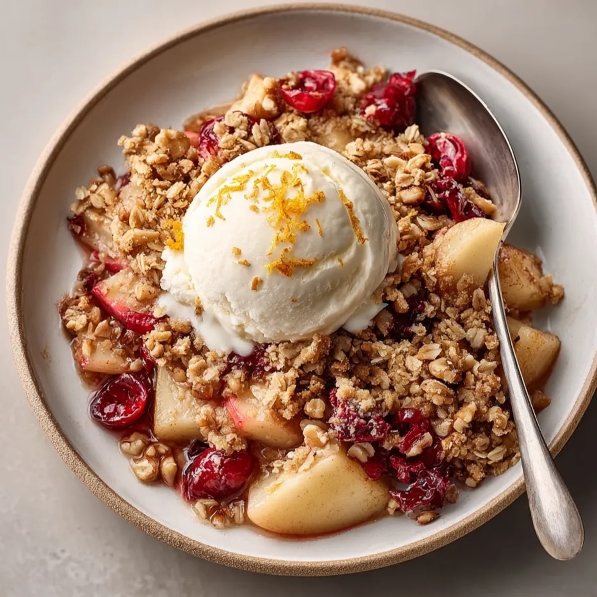 Golden-brown Spiced Cranberry Apple Crisp, bubbling hot from the oven, ready to serve.