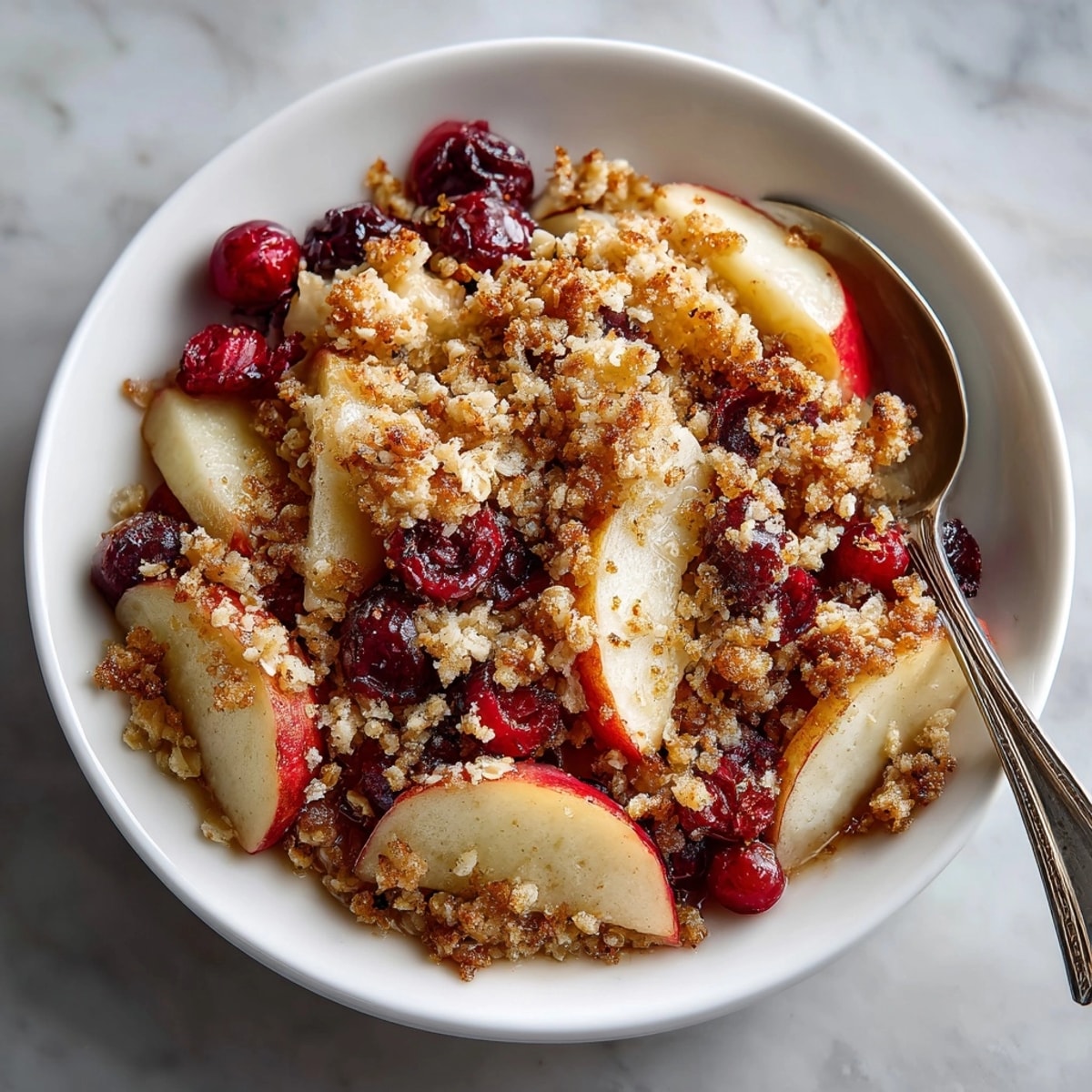 A close-up shot of a comforting Spiced Cranberry Apple Crisp with its spiced oat topping.