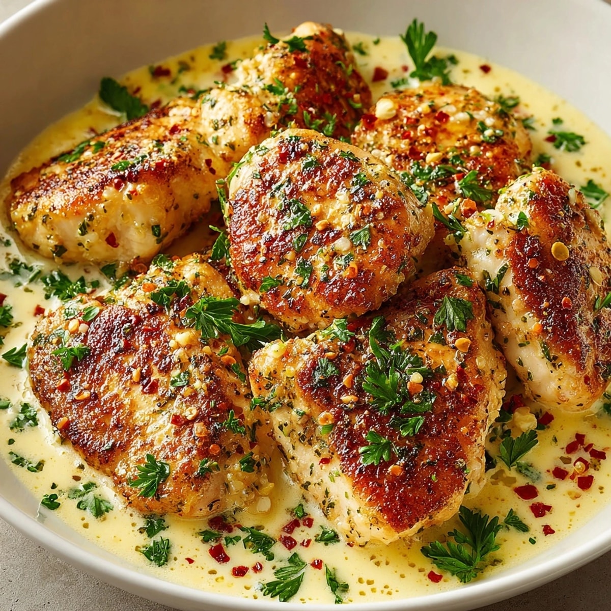 Creamy Garlic Parmesan Chicken served with a creamy, rich sauce and fresh parsley garnish.